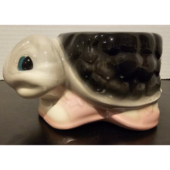 Vintage Turtle Planter Black Shell Pink Feet - Picture 1 of 11